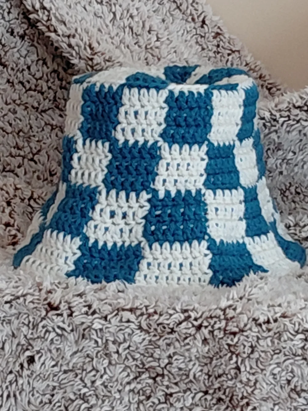 Handmade Crochet Checkerboard Bucket Hat - White & Blue